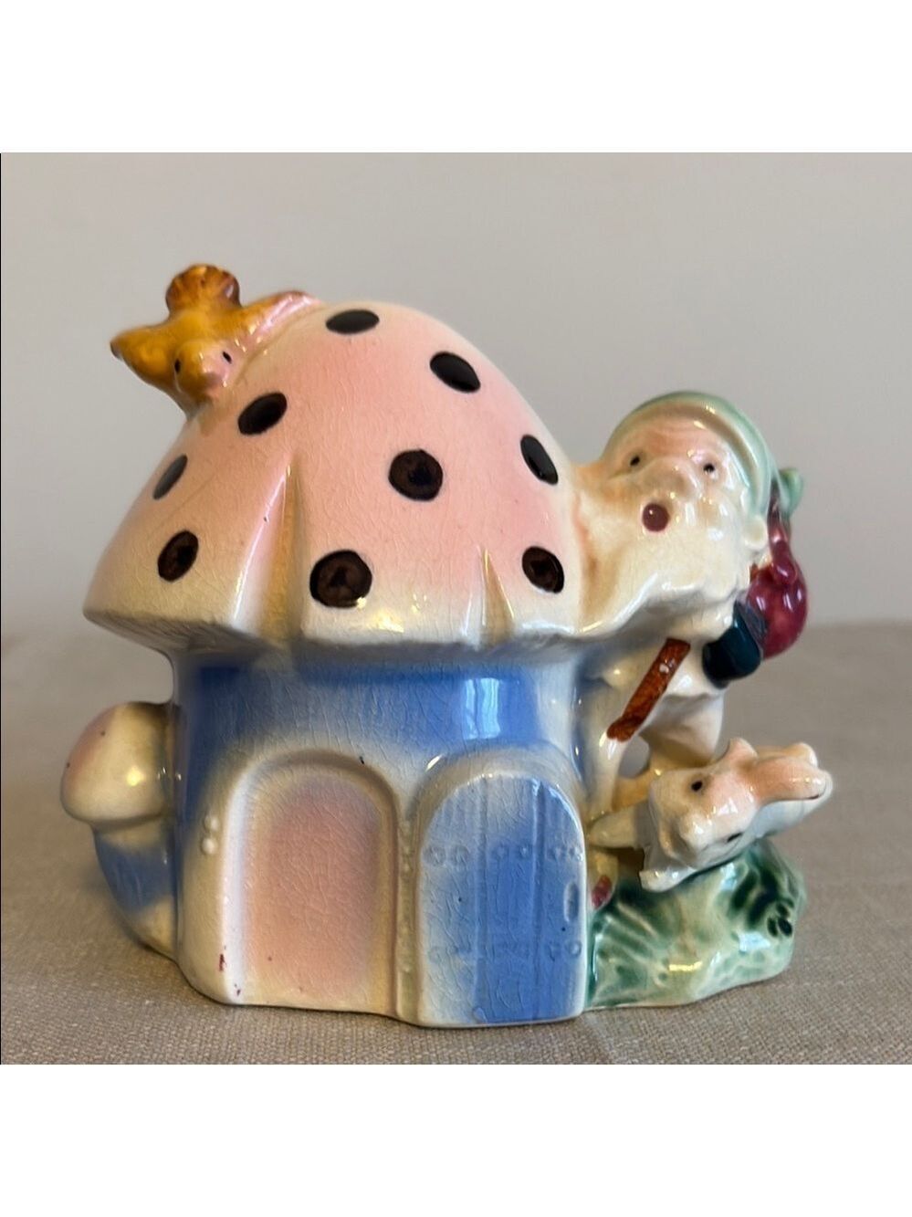Mid Century Florart Polka Dot Mushroom Planter Ceramic Blue Multi